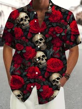 Gothic Floral Skull Print Halloween Shirt - Hawaiian Shirt - Adults  Youth