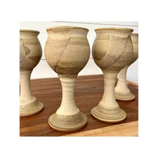 Vintage Art Pottery Wine Goblet Chalice Stoneware Set of Four 