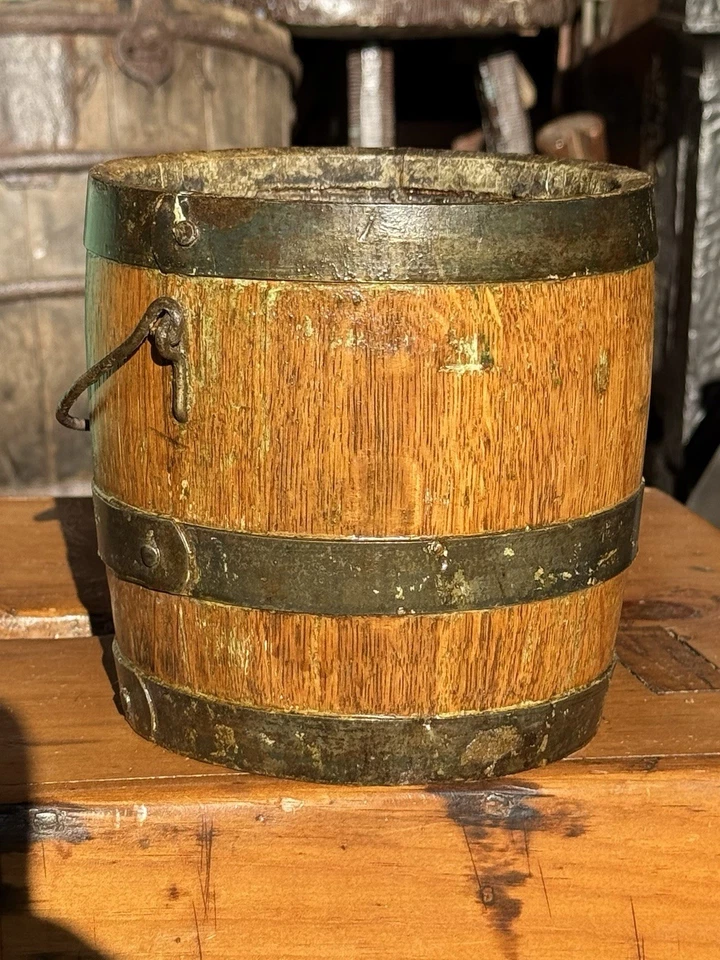 Primitive Small 6" Antique Wooden Paint Pail Barrel Bucket Metal Bands Rare - Image 3 of 4