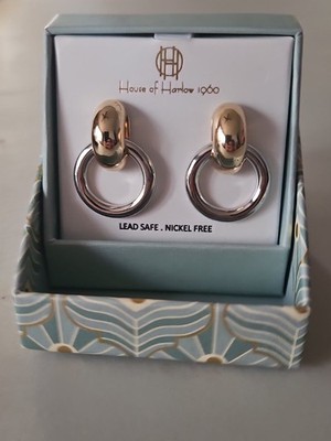 House of Harlow 1960 Brass Two Tone Hoop Earrings Gold Silver Lead Nickel Free