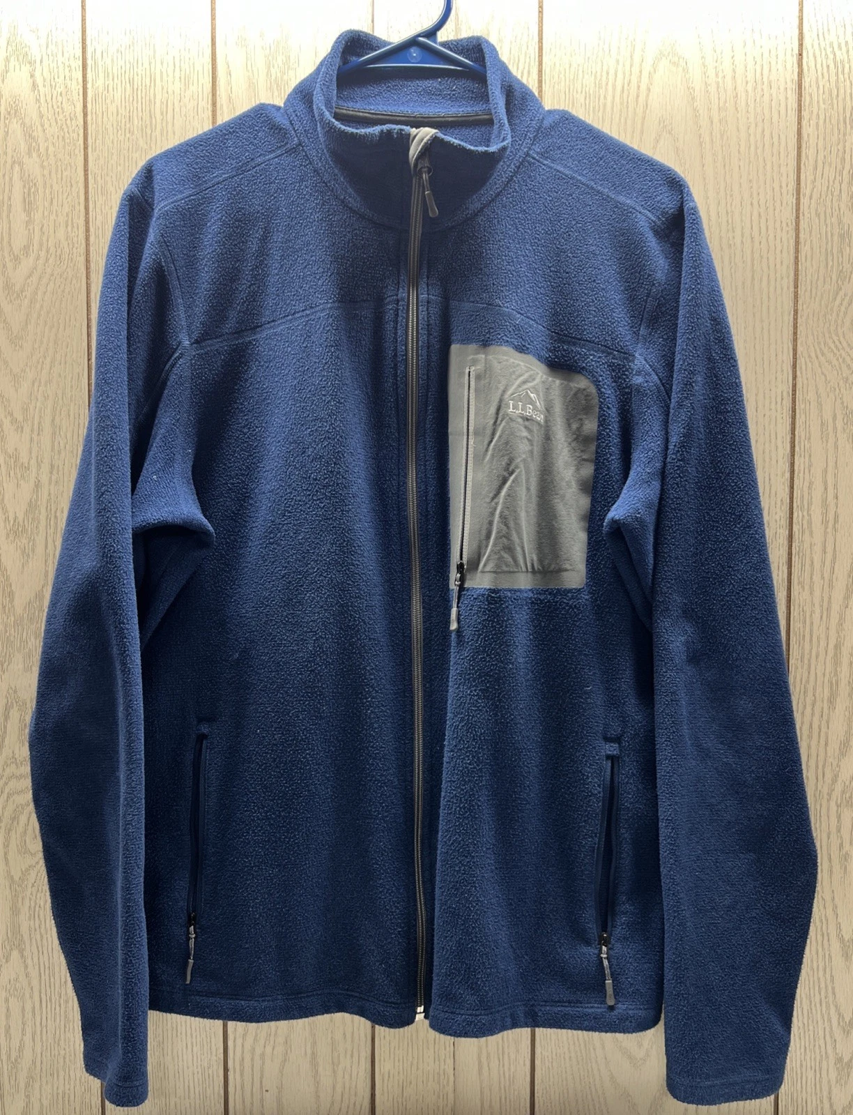 L.L. BEAN Mens Sweater Fleece Full Zip Jacket Solid Blue Gray Logo Patch M Reg