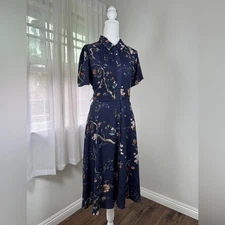 Nanette Lepore Navy Blue Floral Print Pleated Collared Button Front Midi Dress