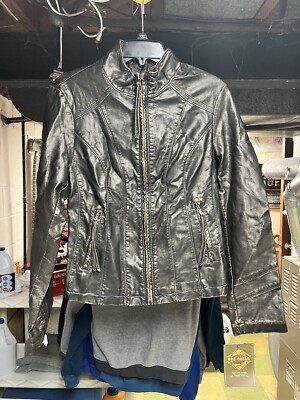 Big Chill Vintage Gold Dust Black Faux Leather Motorcycle Jacket Size Large 