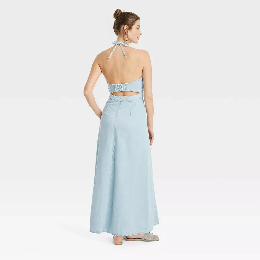 New with Tags - Size 00 - Women's Halter Neck Denim Maxi Dress - Universal Thread Blue 00 New with Tags - Size 00 - Women's Halter Neck Denim Maxi Dress - Universal Thread Blue 00