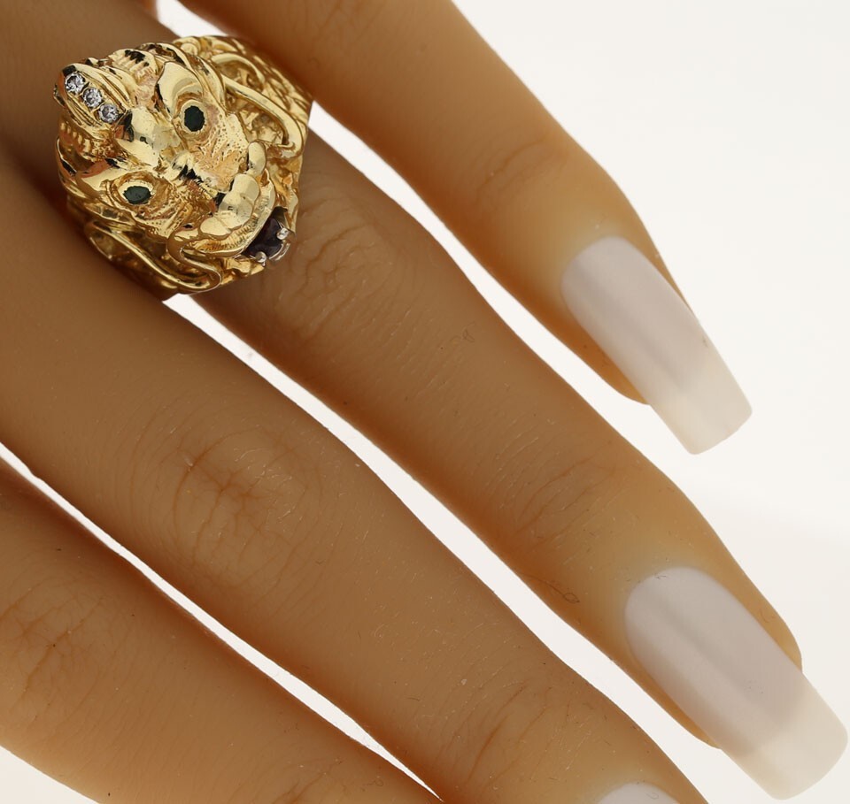 Diamond Emerald Ruby Dragon Ring .23CT Yellow Gol… - image 6