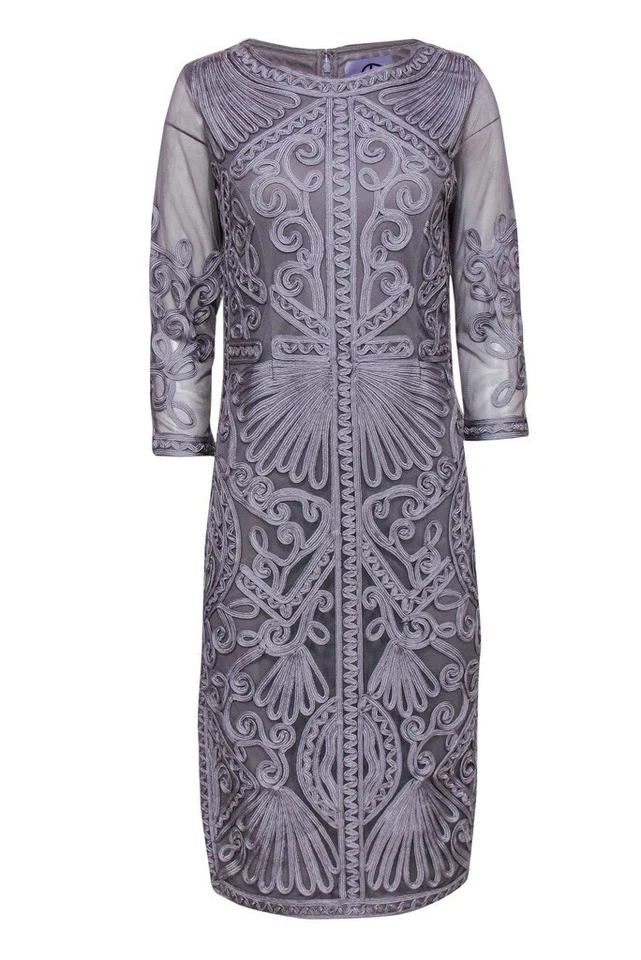 JS COLLECTIONS Silver Soutache Ribbon Embroidered Sheer 3/4 Sleeve Dress 8 = M - Image 2 of 4