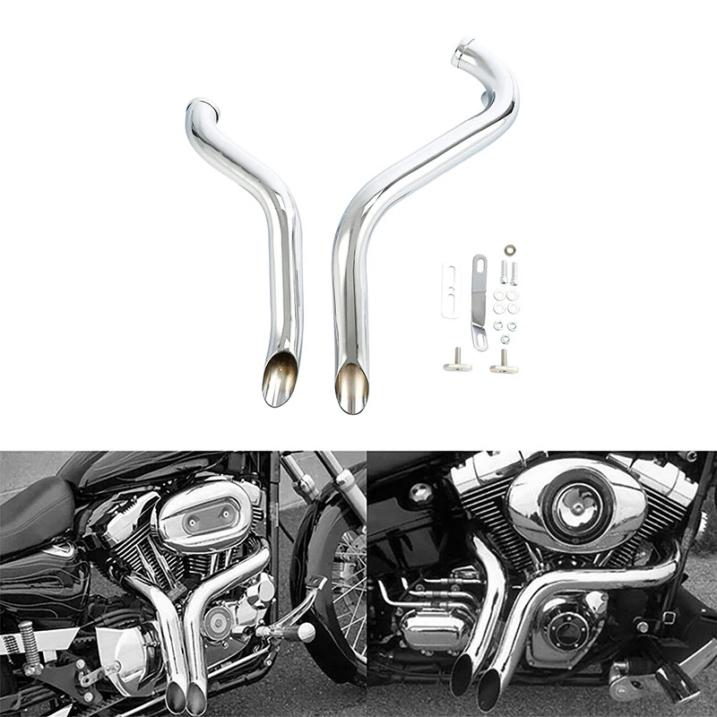 Escape de doble tubo cromado apto para Harley Sportster 883 1200 86-13 Touring 84-16 Foto 2 de 4