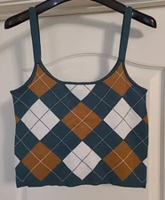 Willow & Wind Tank Top Women's Large Green/White/Brown Knit Crop Top Sleeveless