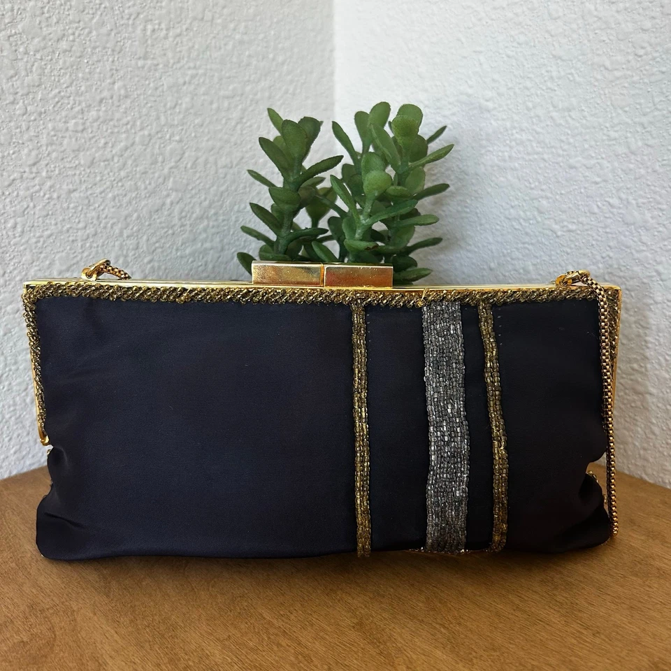 Bolso de mano pequeño vintage negro, dorado y plateado con cuentas bloqueo de beso fiesta invierno Foto 2 de 4