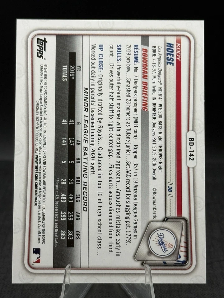 2020 Bowman Draft 1st Edition Yellow Foil #BD-142 Kody Hoese /75 Dodgers - Image 2 of 2