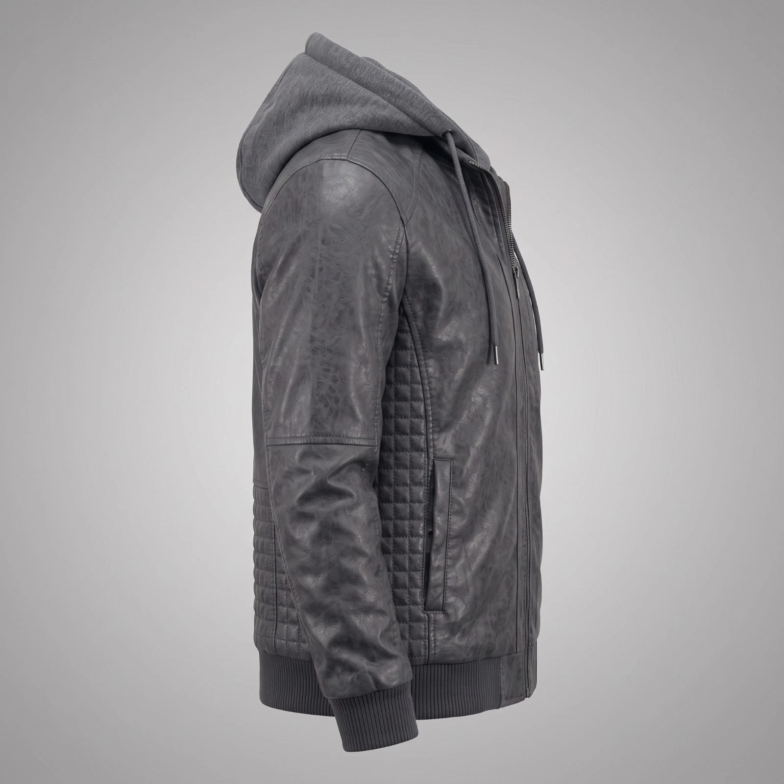 Hand-Burnished Distressed Gray (All Colors) Leather Hoodie Bomber Jacket Men's - product detail image 3