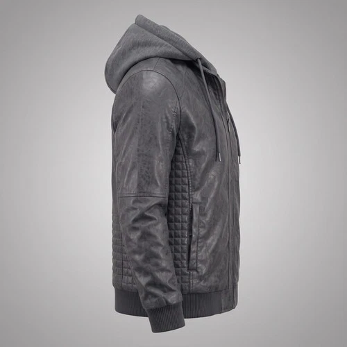 Hand-Burnished Distressed Gray (All Colors) Leather Hoodie Bomber Jacket Men's image 3