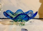 Vintage Art glass pedestal 9.75” blue/green Ombre bowl Heavy Thick Murano Glass