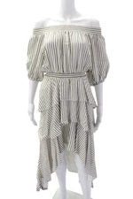 Maje Womens Scoop Neck Long Sleeve Striped Elastic Waist Dress White Size EUR 36