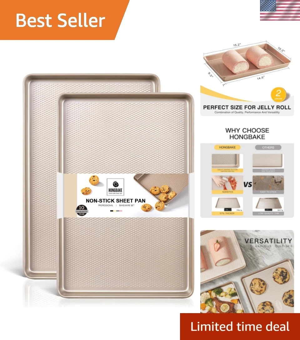 2 Pack Jelly Roll Pan 15x10, Commercial Cookie Sheets for Baking with Diamond...