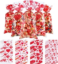 Blulu 100 Pieces Valentines Party Treat Bags Mixed Heart Print Clear, Red 