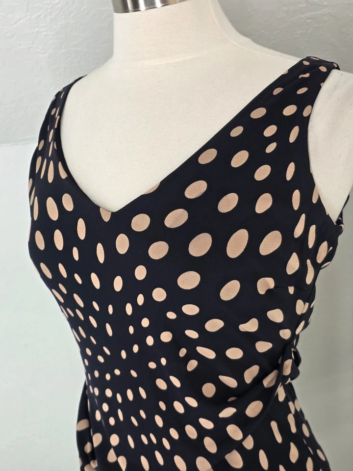 Nicole Miller 100% Silk Sz M Sleeveless V Neck & Back Black w Khaki Polka Dots - Image 2 of 4