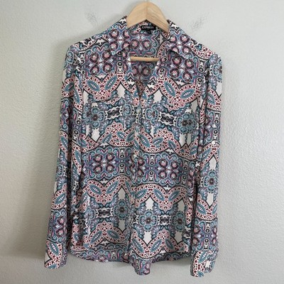 Express Womens Small Button Up Blouse Paisley Roll Tab Sleeve Shirt Top