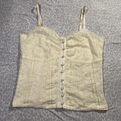 Y2k Vintage American Rag White Lace Button Up Corset Cami Medium 