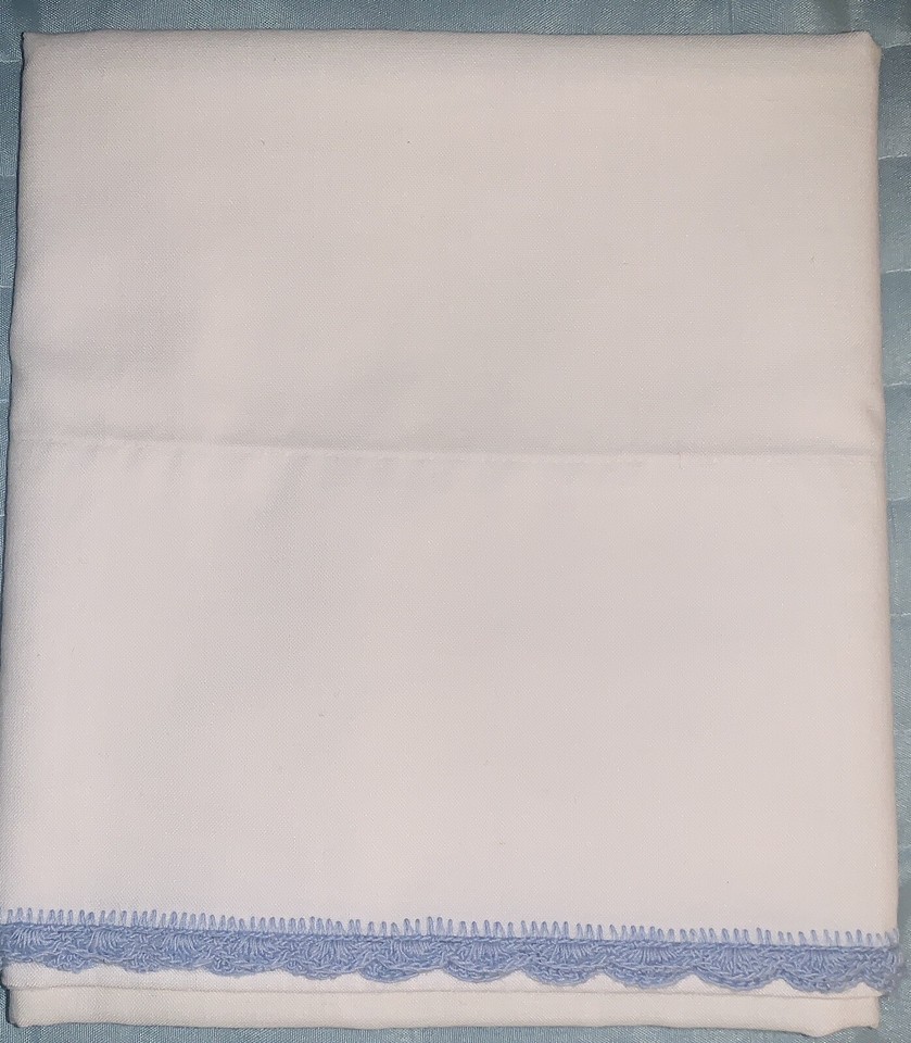 Vintage Embroidered Single Pillowcase With Blue Crocheted Border eBay