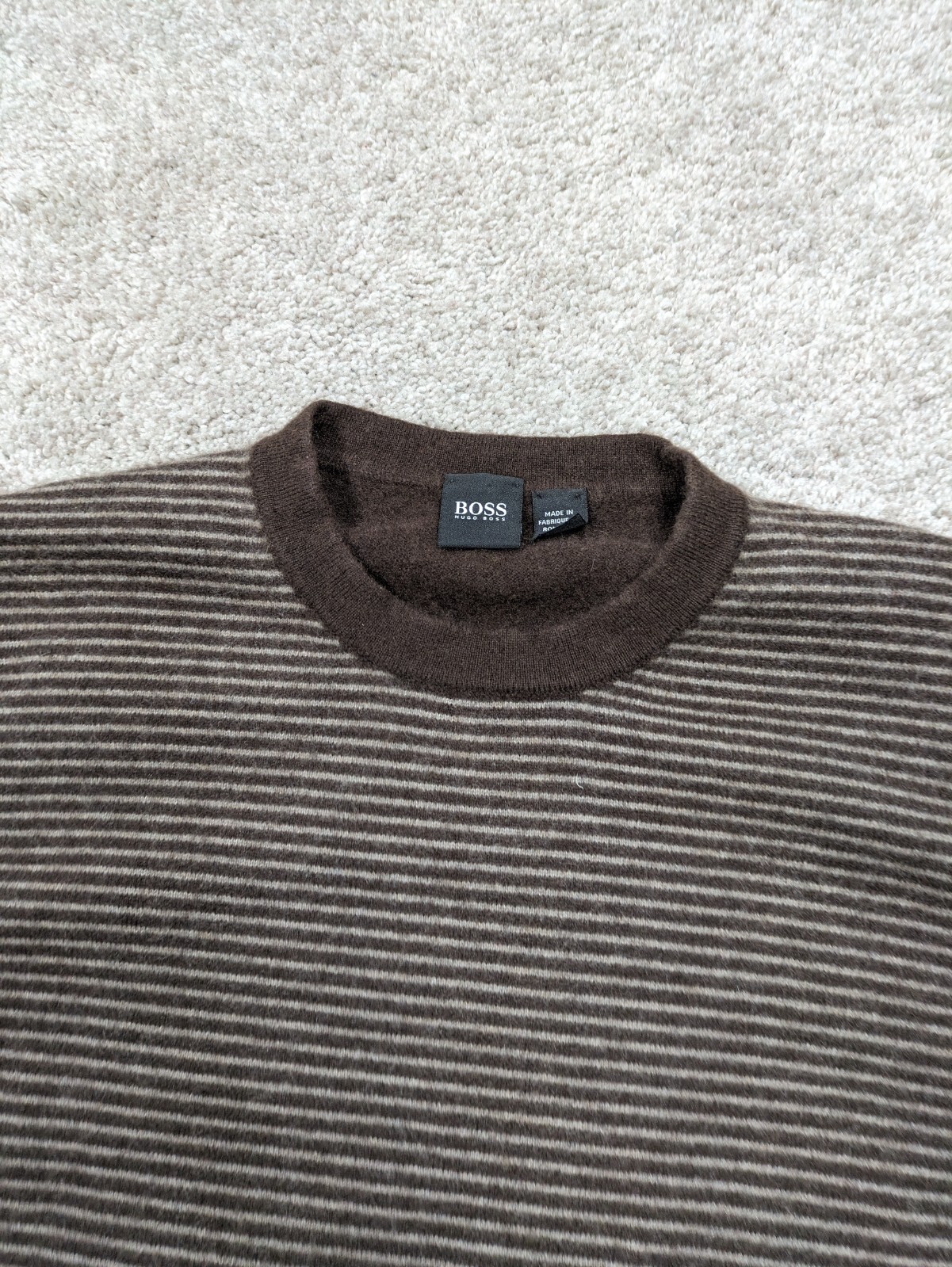 HUGO BOSS Cashmere Sweater Mens Large Brown Stripe 100 Crew Neck Slim