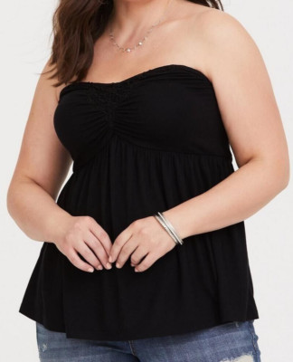 Torrid Super Soft Smocked Ruched Crochet Front Tube Top Black Plus Sz 0 #D85814