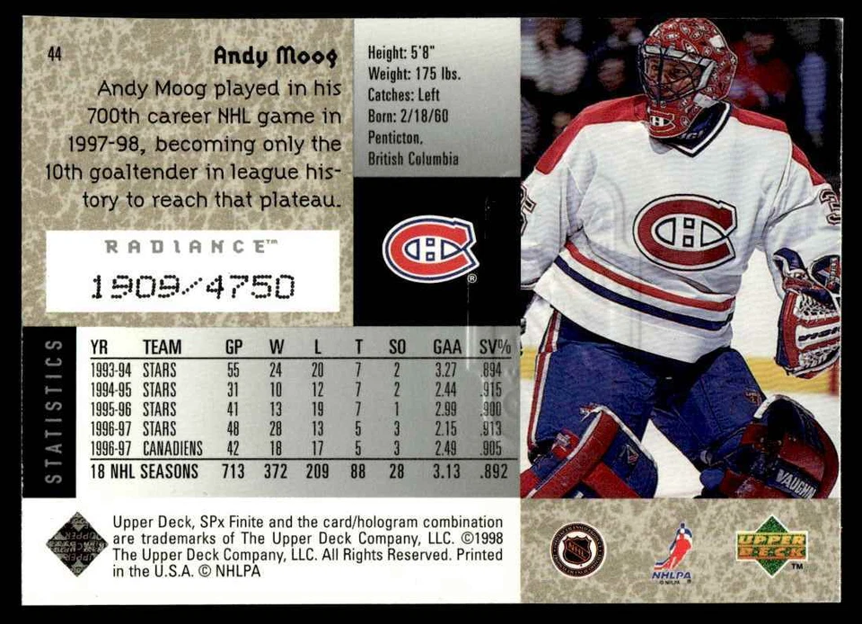 1998-99 SPx Finite Radiance Andy Moog /4750 Montreal Canadiens #44 - Image 2 of 2