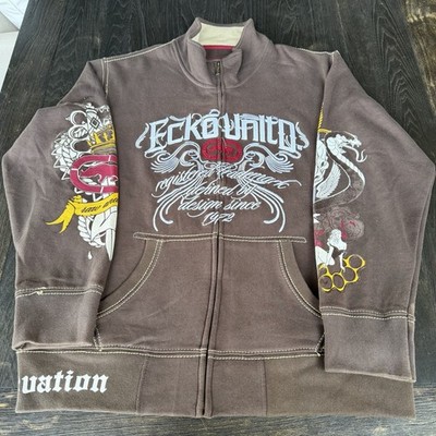 Y2K Marc Ecko Unltd Zip Jacket Embroidered Brown Red L