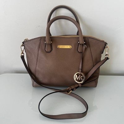 Michael Kors Campbell Dark Dune Leather Satchel Handbag Gold Logo NWT