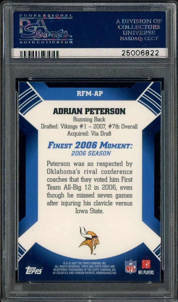 2007 Topps Finest Moments #RFMAP Adrian Peterson RC Rookie PSA 10 GEM MINT - Image 2 of 2