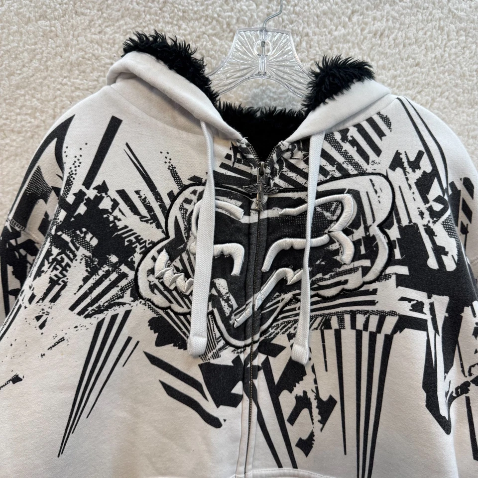 Chaqueta con Capucha Y2K Vintage Fox Racing Grande Blanca Imitación Piel Moto Cyber Grunge Foto 4 de 4