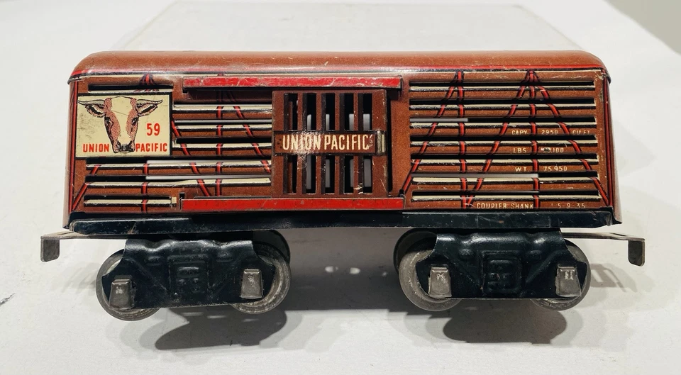 Marx 59 U.P. Stock Car with Slotted Sides - 6”/ 8 Wheel / Tab And Slot Couplers - Image 2 of 4