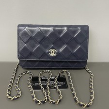 Chanel WOC Navy Quilted Lambskin Gold CC Logo Interwoven Chain WOC Crossbody Bag