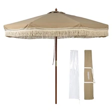 LAGarden 9' Patio Umbrella w/ Tassels UPF50+ Boho Style 5-Year-Non-Fading Mocha