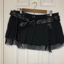 Punk Rave Black Mini Skirt Goth Side Zip Woven Pleated Mesh Belt NWT Large