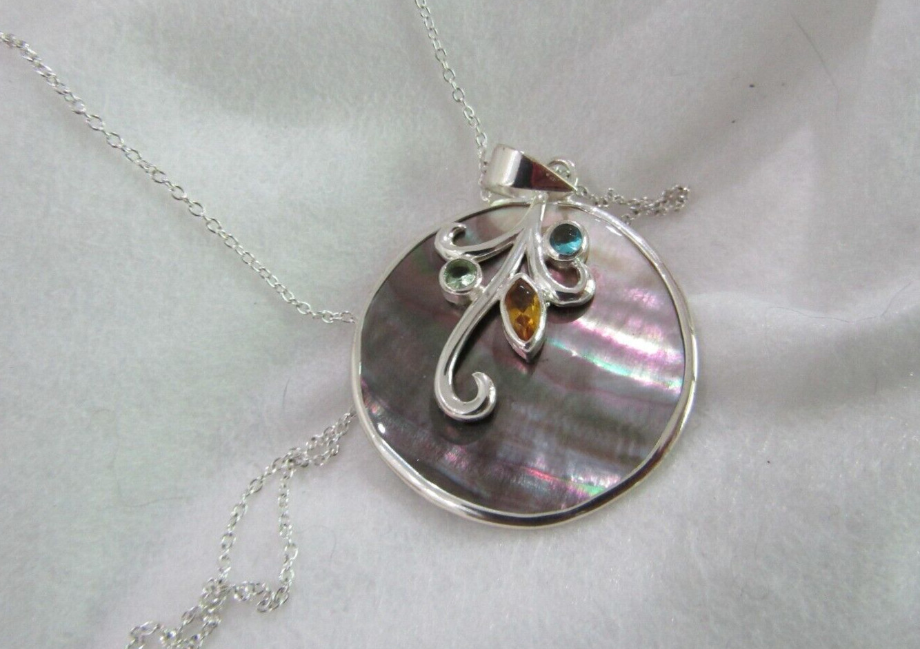 Sterling Silver MOP/Abalone Multi Gem Pendant Nec… - image 1