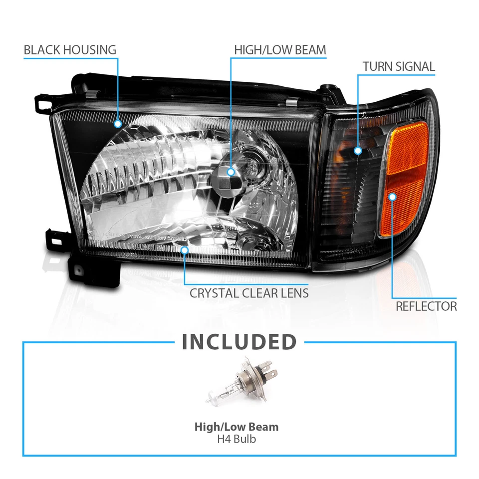 1996-1998 Black Glass Headlight + Corner Light Pair For Toyota 4Runner w/ Bulb - Image 3 of 4