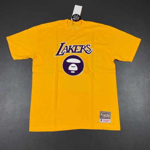 100% Authentic Aape x Mitchell Ness Lakers T Shirt S 36 Lebron James Kobe bape - Picture 1 of 7