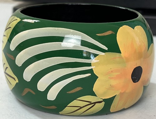 Vintage Wooden Bracelet 2” Wide Tribal Floral Design 2.5" Diameter BOHO - Picture 8 of 10