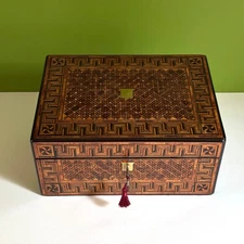 Antique Victorian Marquetry Walnut Jewellery Box, Lockable, Red Velvet Lined