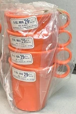 Vintage DEKA Plastics USA 8 oz. Orange Coffee Mugs Cups w/Handles ~ 4 Pack ~ NOS