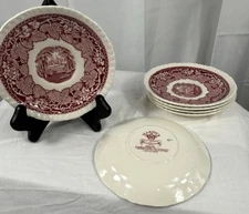 Mason's Vista VTG Set of 6 Saucers Red/ Pink Transferware Ironstone 5-7/8” Width