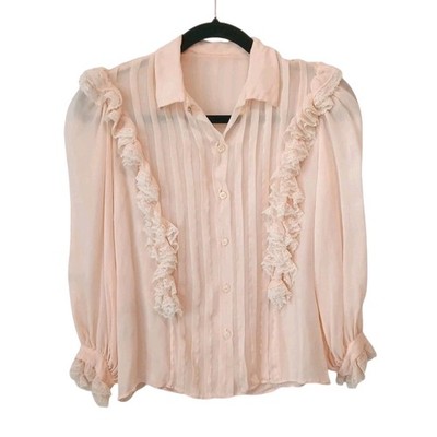 Vintage Oscar De La Renta Blouse 4 Ruffled Silk Chiffon Light Pink Lace Grandma 