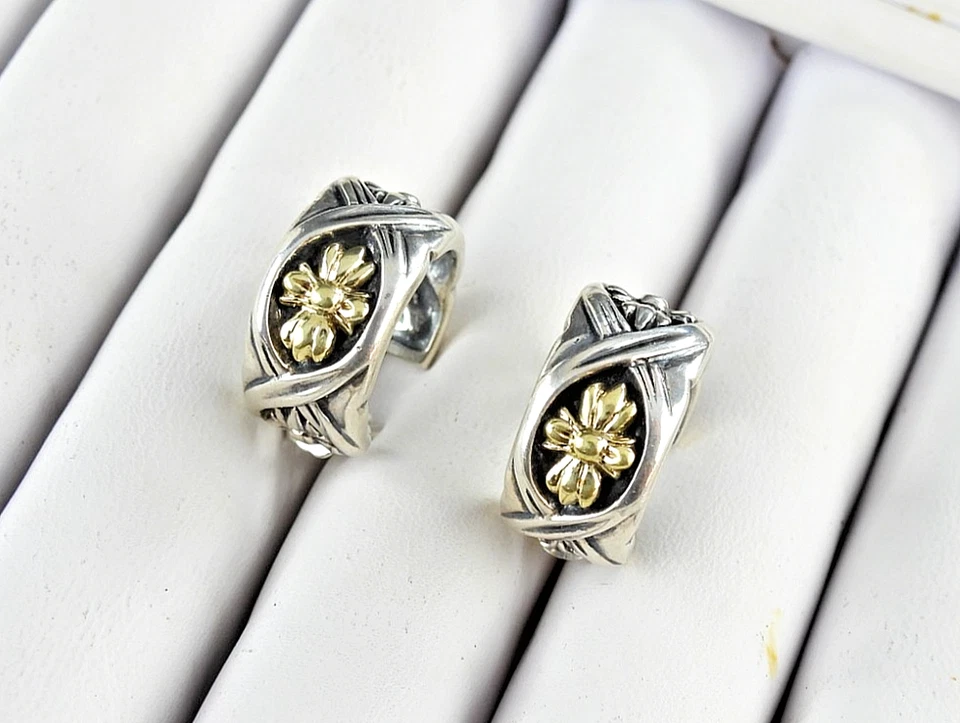 Pendientes de aro vintage Ann King de oro de 18 quilates de plata de ley 925 con flores joyas Foto 2 de 4