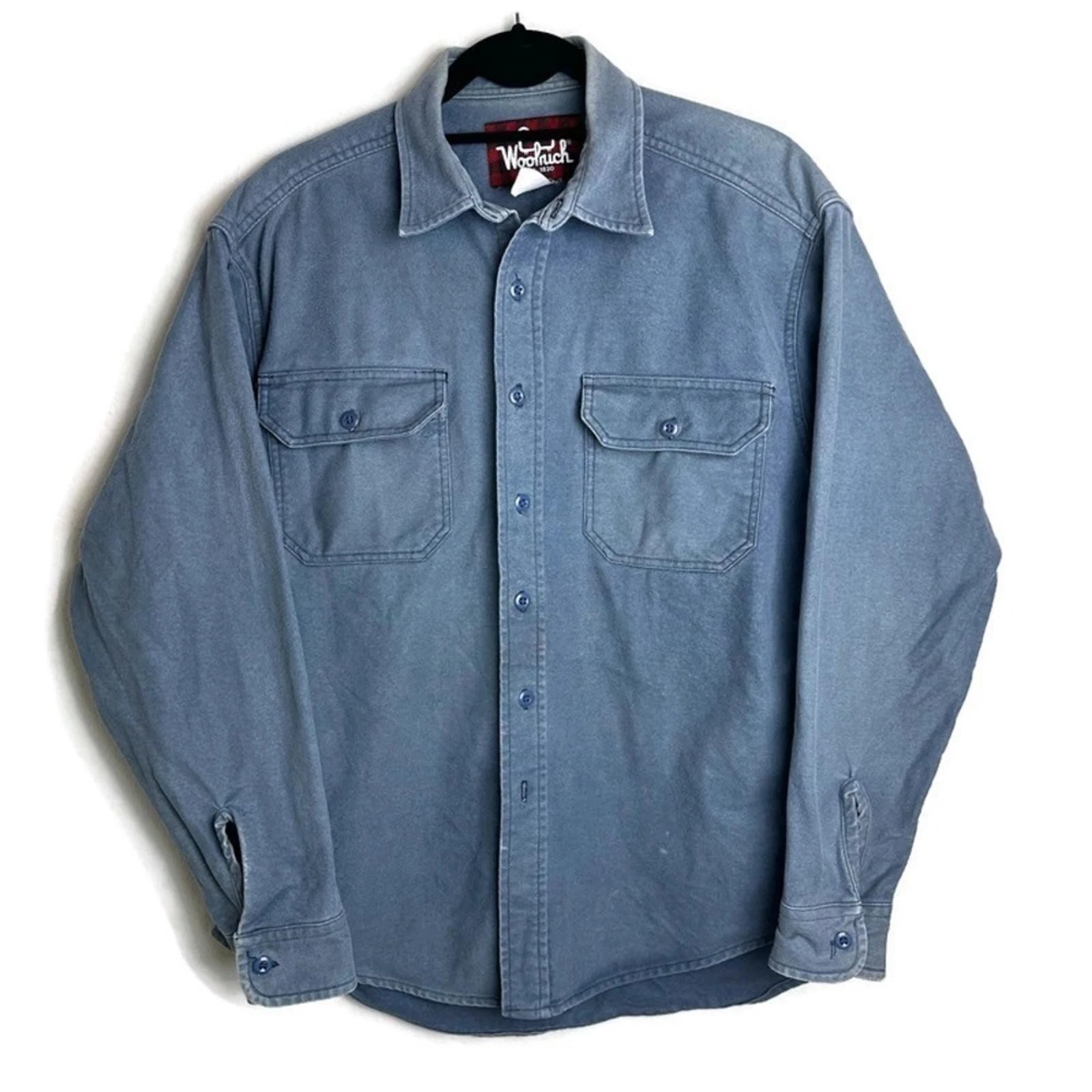 Vintage Woolrich Distressed Shacket Large Long Sleeve Flannel Shirt Blue Outdoor