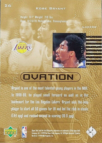 1999-00 UPPER DECK KOBE BRYANT OVATION LAKERS #26 NBA BASKETBALL CARD - Picture 2 of 5