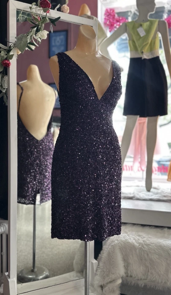 Mini Vestido Vintage Años 90 Con Cuentas Púrpura Cóctel Fiesta Espalda Abierta Baile de graduación Escala S Foto 4 de 4