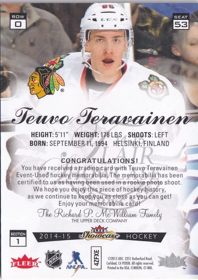 2014-15 Fleer Showcase Flair Jerseys #53 Teuvo Teravainen R0 - Image 2 of 2