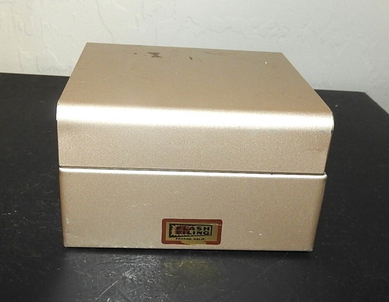 Vintage Metal Filing Box "Flash Filing" Fresno, CA USA Hinged 4 x 4 x 2.5 CARDS