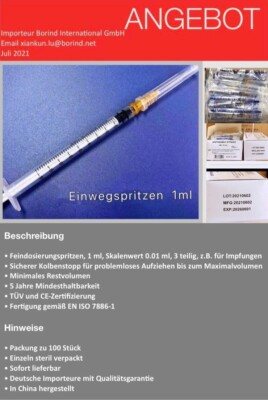 100*1mL/cc Einwegspritzen mit Nadel-Steril & Einzeln verpackt,Injektion,Impfung